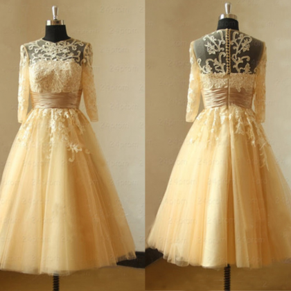 Lace Prom Dress, Champagne Prom Dresses, Vintage..