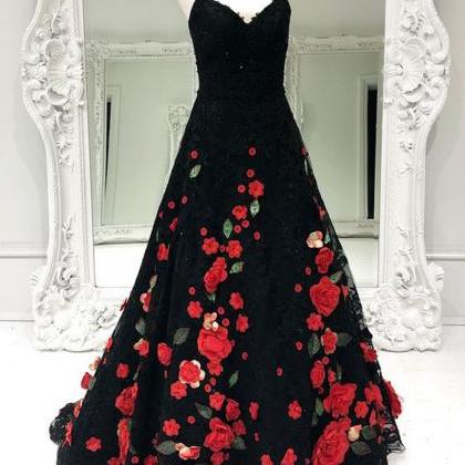 Gorgeous Black Flower Lace Long Customize Prom..