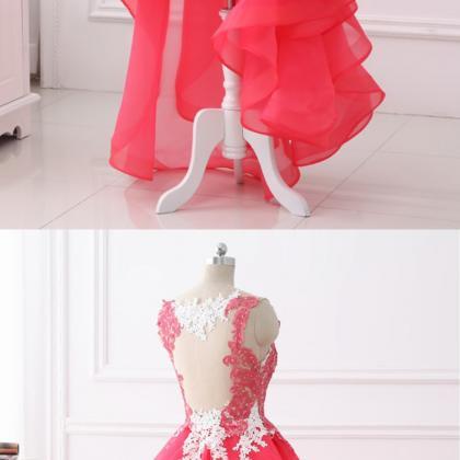 Coral Lace Layered High Low Homecoming Dress, Lace..