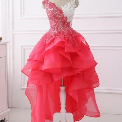 Coral Lace Layered High Low Homecoming Dress, Lace..