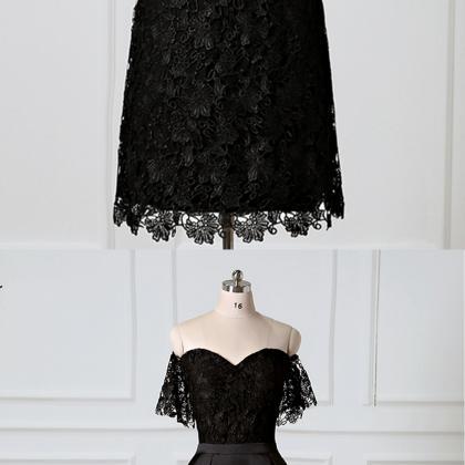 Sweetheart Black Lace Off Shoulder Long Prom Dress..