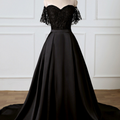Sweetheart Black Lace Off Shoulder Long Prom Dress..