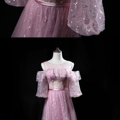 Pink Lace Off Shoulder Long Mid Sleeve Prom Dress,..
