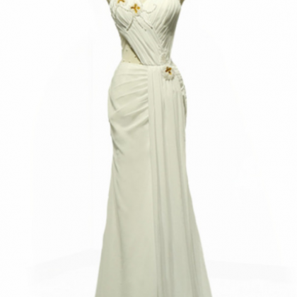 White Chiffon With Beading Prom Dresses High..