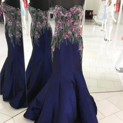 Chic Mermaid Sweetheart Evening Gown Navy Satin Long Prom Dress with Beading LF1179 main image 1