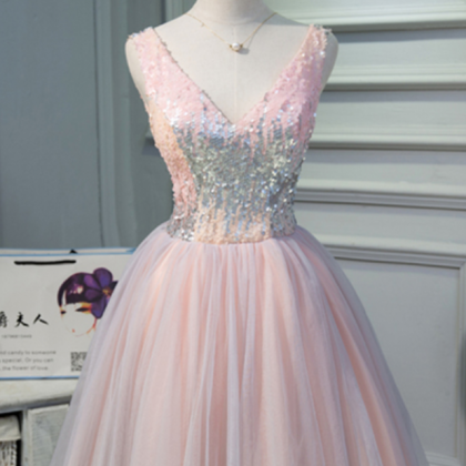 Pink Tulle V Neck Short A-line Prom Dress, Spring..