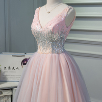 Pink Tulle V Neck Short A-line Prom Dress, Spring..