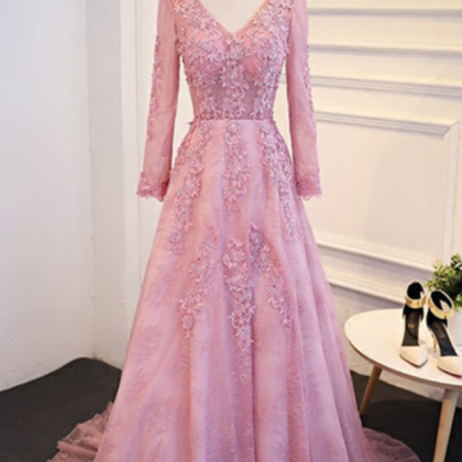 Pink Lace V Neck Long Senior Prom Dress With..