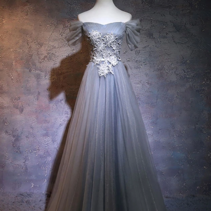 A-line Tulle Lace Applique Long Prom Dress, Gray..