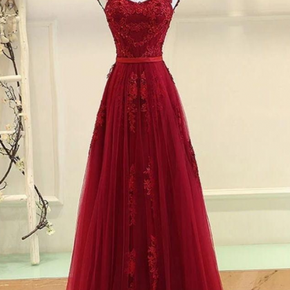 Stunning Burgundy Lace Appliques Long Prom Dresses..