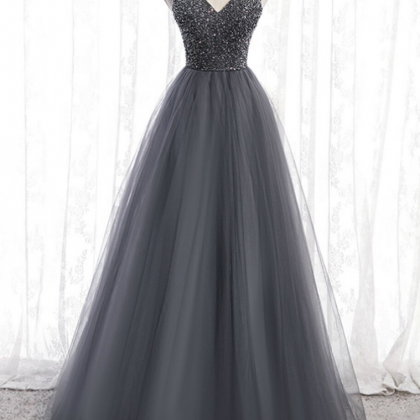 A Line V Neck Gold Beading Tulle Prom Dresses with Slit LBQ3920