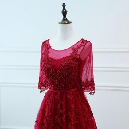Elegant Burgundy Prom Party Dress Vneck Lace..