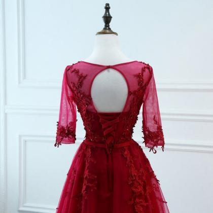 Elegant Burgundy Prom Party Dress Vneck Lace..