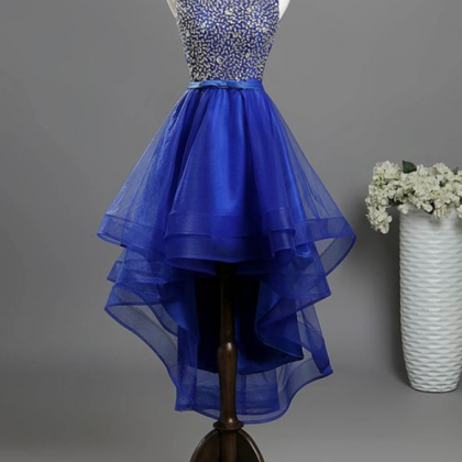 Royal Blue Tulle High Low Sequins Prom Dress,..