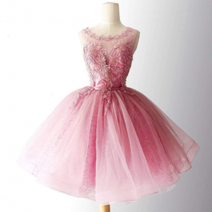 Lovely Pink Tulle With Lace Round Neckline Knee..