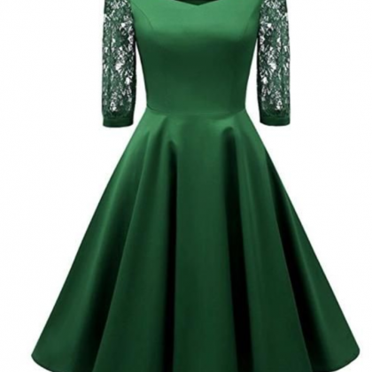 Vintage Lace Sleeve Swing Dress, Green Short..