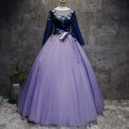 Backless Purple Long Sleeve Appliques Ball Gown..