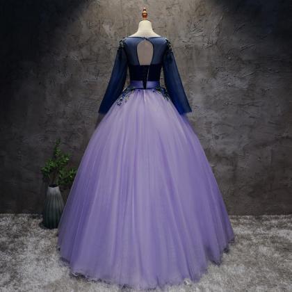 Backless Purple Long Sleeve Appliques Ball Gown..