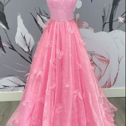 Pink Tulle Applique Long Prom Dress Pink Formal..