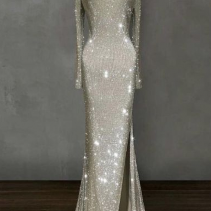 Elegant Silver Split Sexy Prom Dress ， Shiny..