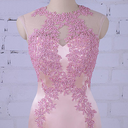 Pink Satin Long Mermaid Evening Dress, Pink Lace..