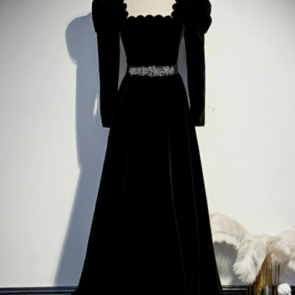 Black Velvet Square Long Sleeve Prom Dress With..