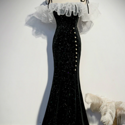 Black Mermaid Sequins Spaghetti Straps Pearls Prom..