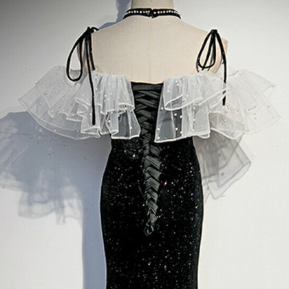 Black Mermaid Sequins Spaghetti Straps Pearls Prom..