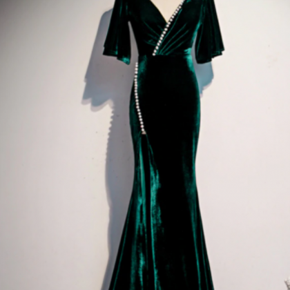 Dark Green Mermaid Velvet Short Sleeve V-neck Prom..