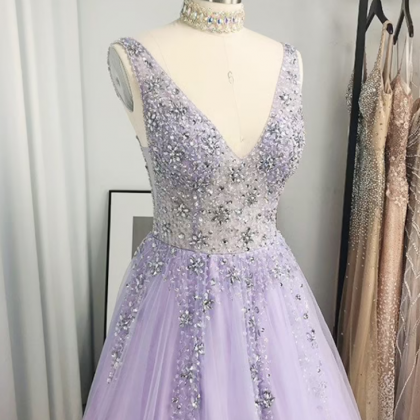 Prom Dresses A-line/princess Tulle Beading V-neck..