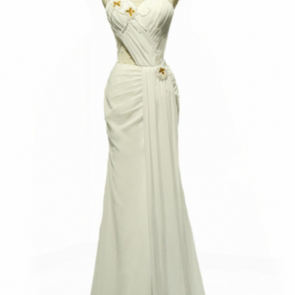 White Chiffon With Beading Prom Dresses High..