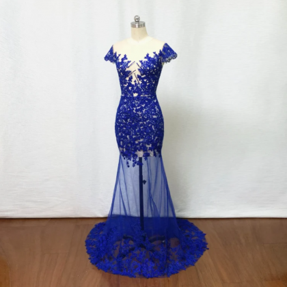Sexy Prom Dress 2020 Mermaid Royal Blue Lace..