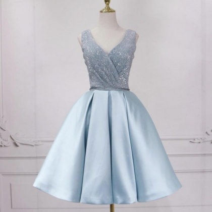 Blue V Neck Sequins Short Prom Dress Blue Evening..