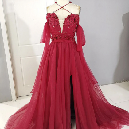 Dark Red Tulle Lace Long Prom Dress, Red Tulle..