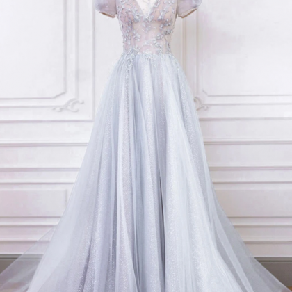 Gray Round Neck Tulle Lace Long Prom Dress, Gray..