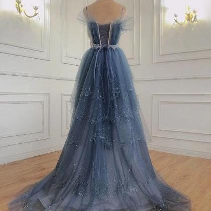 Gray Blue Tulle Beads Long Prom Dress, Blue Tulle..