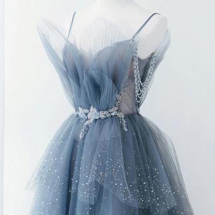 Gray Blue Tulle Beads Long Prom Dress, Blue Tulle..