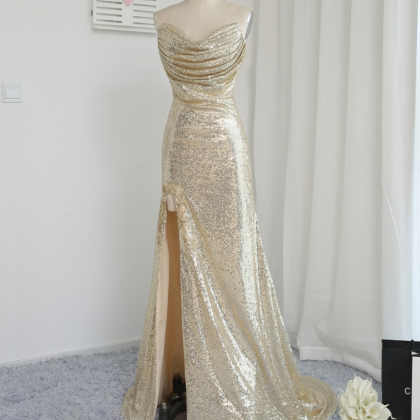 Fitted Gold Sequin Strapless Slit Prom Dress,..