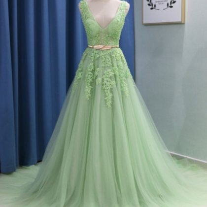 V-neck Light Green A-line Prom Dresses,fancy..