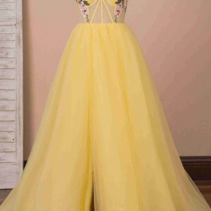 Prom Dresses A-line High Slit Yellow Tulle Prom..
