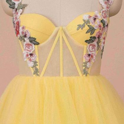 Prom Dresses A-line High Slit Yellow Tulle Prom..