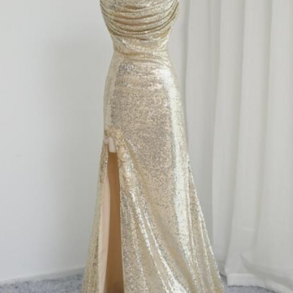 Charming Light Gold Sexy High Split Prom Dresses..
