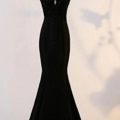 Black Mermaid Cap Sleeves Long Evening Gown, Black..