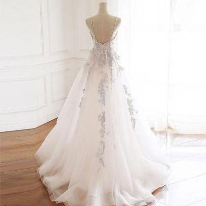 White V Neck Tulle Lace Long Prom Dress, Lace..