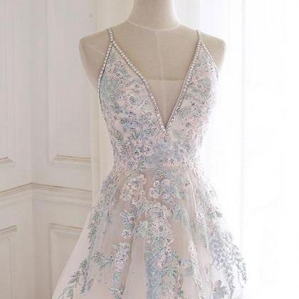 White V Neck Tulle Lace Long Prom Dress, Lace..