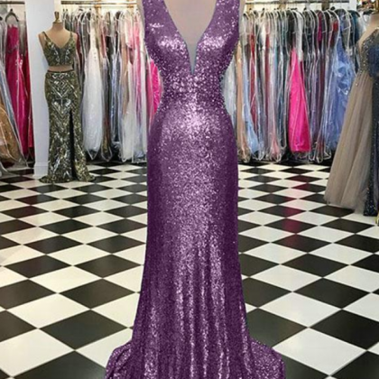 Shinny Light Purple Prom Dresses Sequined Deep V..