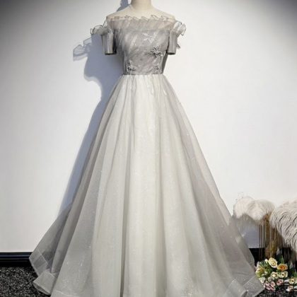 Silver tulle long ball gown dress f..