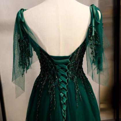 Green Class Evening Dress, Style, V-neck, Trailing..