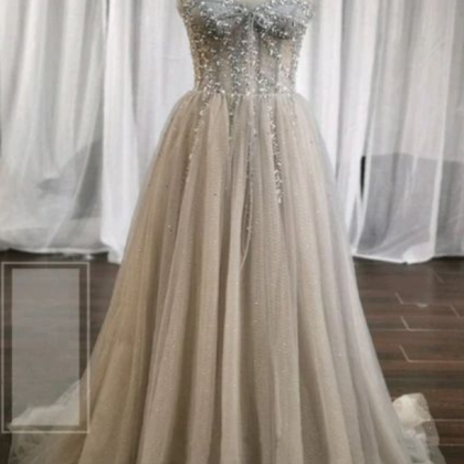 Light Champagne A-line Beaded Sweetheart Long Prom..