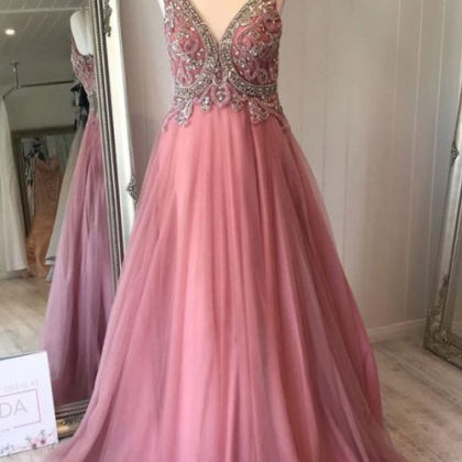 Elegant V-neck Dusty Rose Long Prom Dress With..